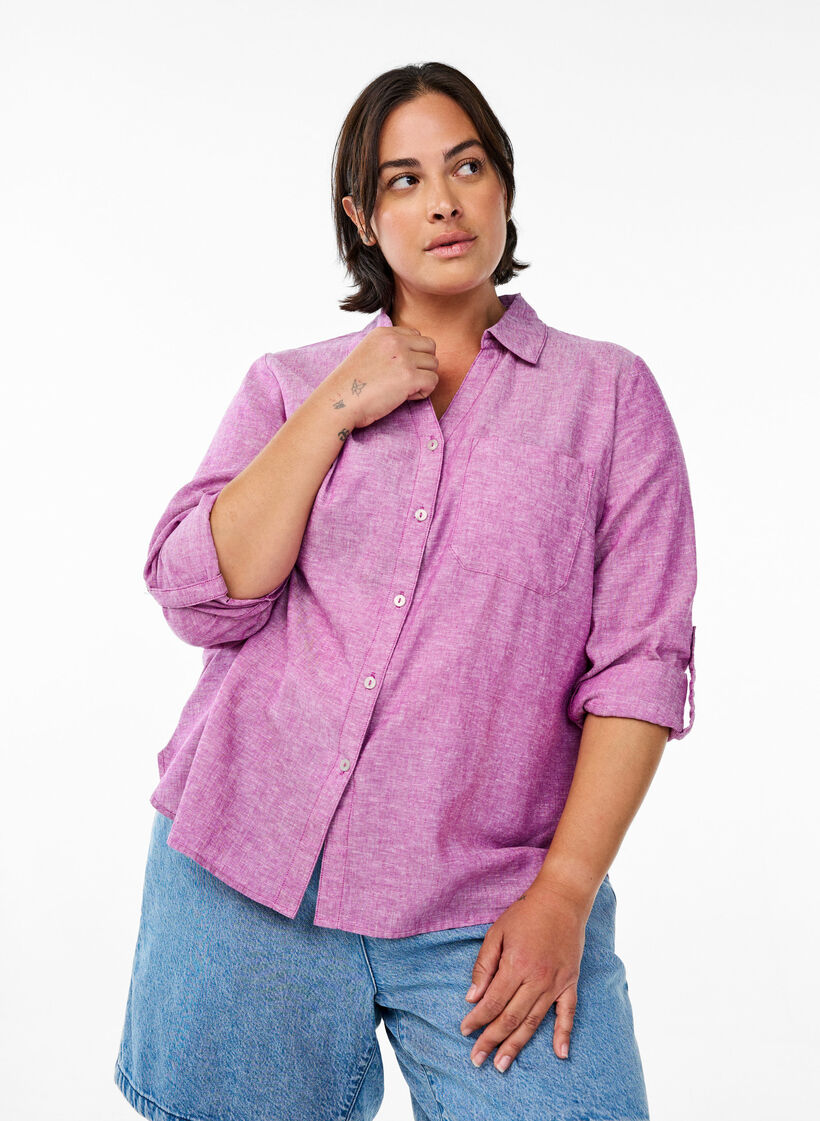 Bluse aus Leinen und Viskose mit 3/4-Ärmeln, Lila, Model image number 0