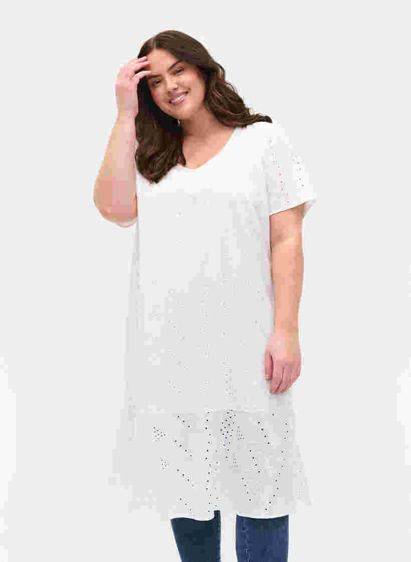 Kurzarm Baumwollkleid mit Lochstickerei, Bright White, Model