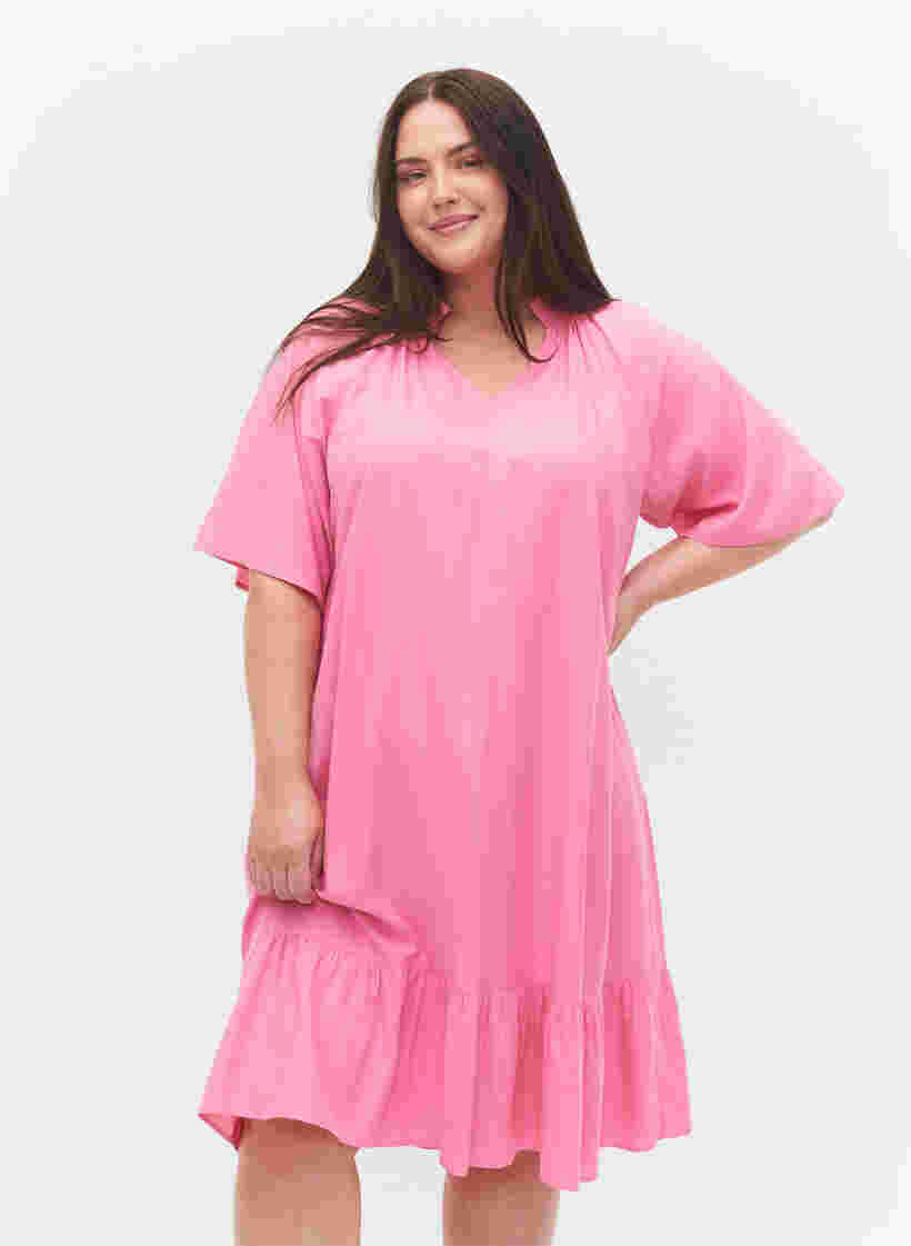 Kurzärmeliges Viskosekleid mit V-Ausschnitt, Aurora Pink, Model image number 0