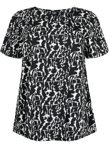 FLASH - Bluse mit kurzen Ärmeln und Print, Black White AOP, Packshot image number 0