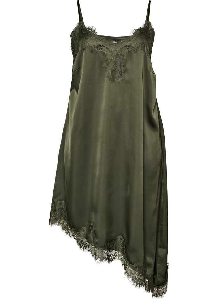 Kleid aus Satin mit Spitze und asymmetrischem Saum, Gr&uuml;n, Packshot image number 0