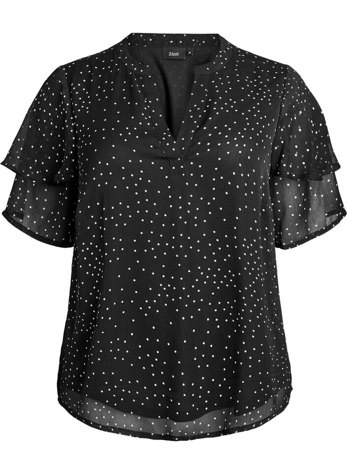 Chiffonbluse mit Polka Dots und Volant&auml;rmeln, Schwarz, Packshot image number 0