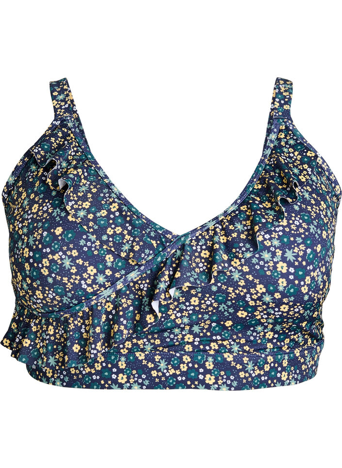 Gebl&uuml;mtes Bikinioberteil mit R&uuml;schendetails, Petrol, Packshot image number 0