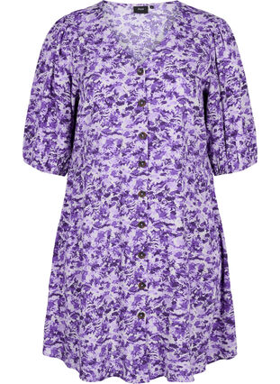 Kleid mit Knöpfen und 3/4-Ärmeln, Purple AOP, Packshot image number 0