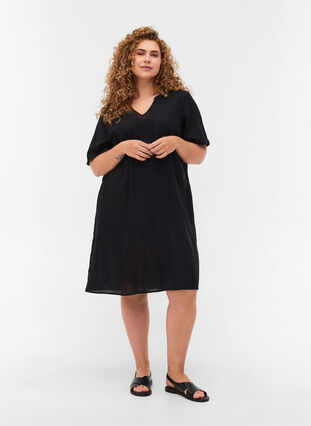 Kurzarm Kleid aus Baumwollmischung mit Leinen, Black, Model image number 2