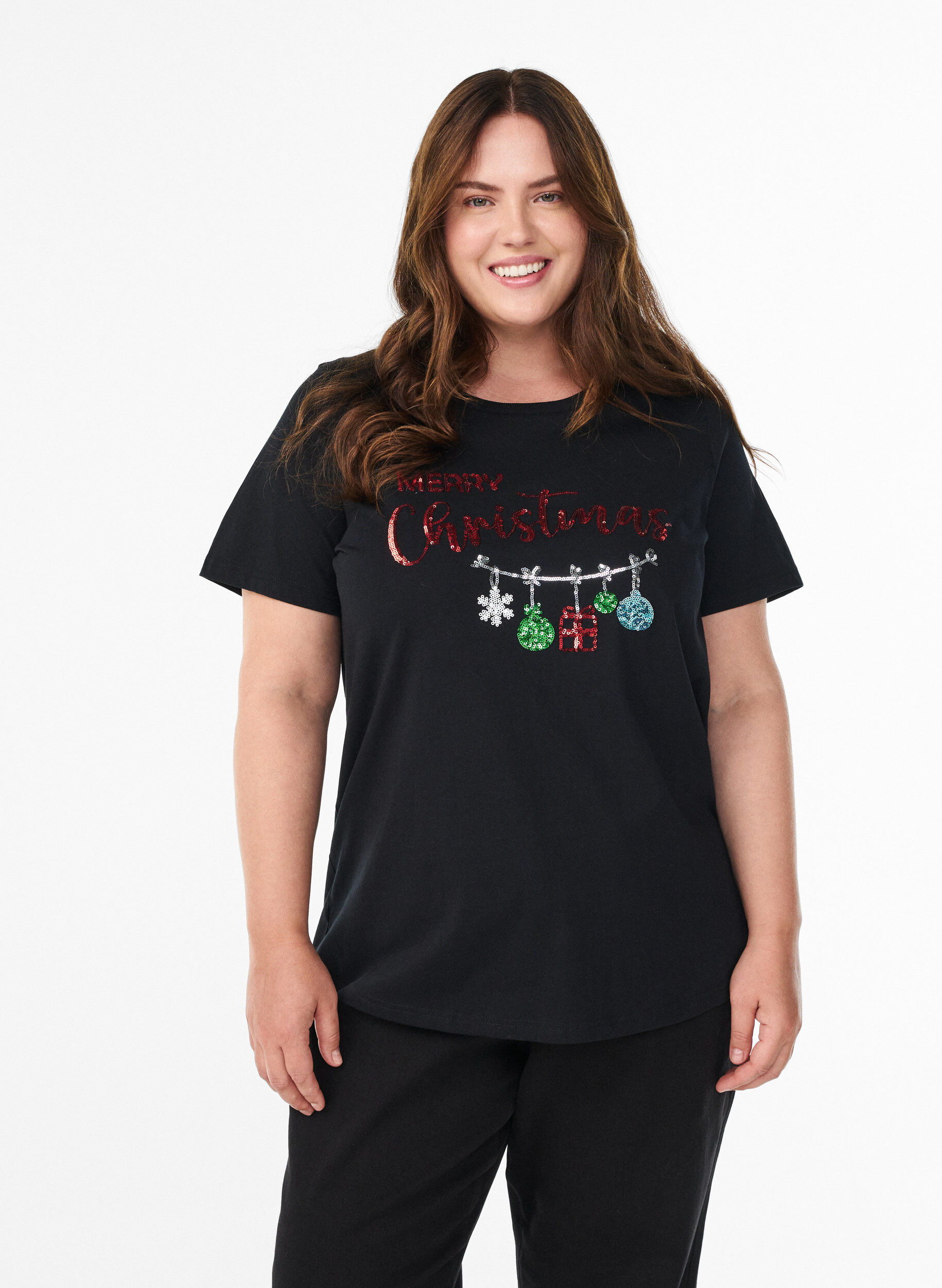 Weihnachts-T-Shirt aus Bio-Baumwolle, Schwarz, Model