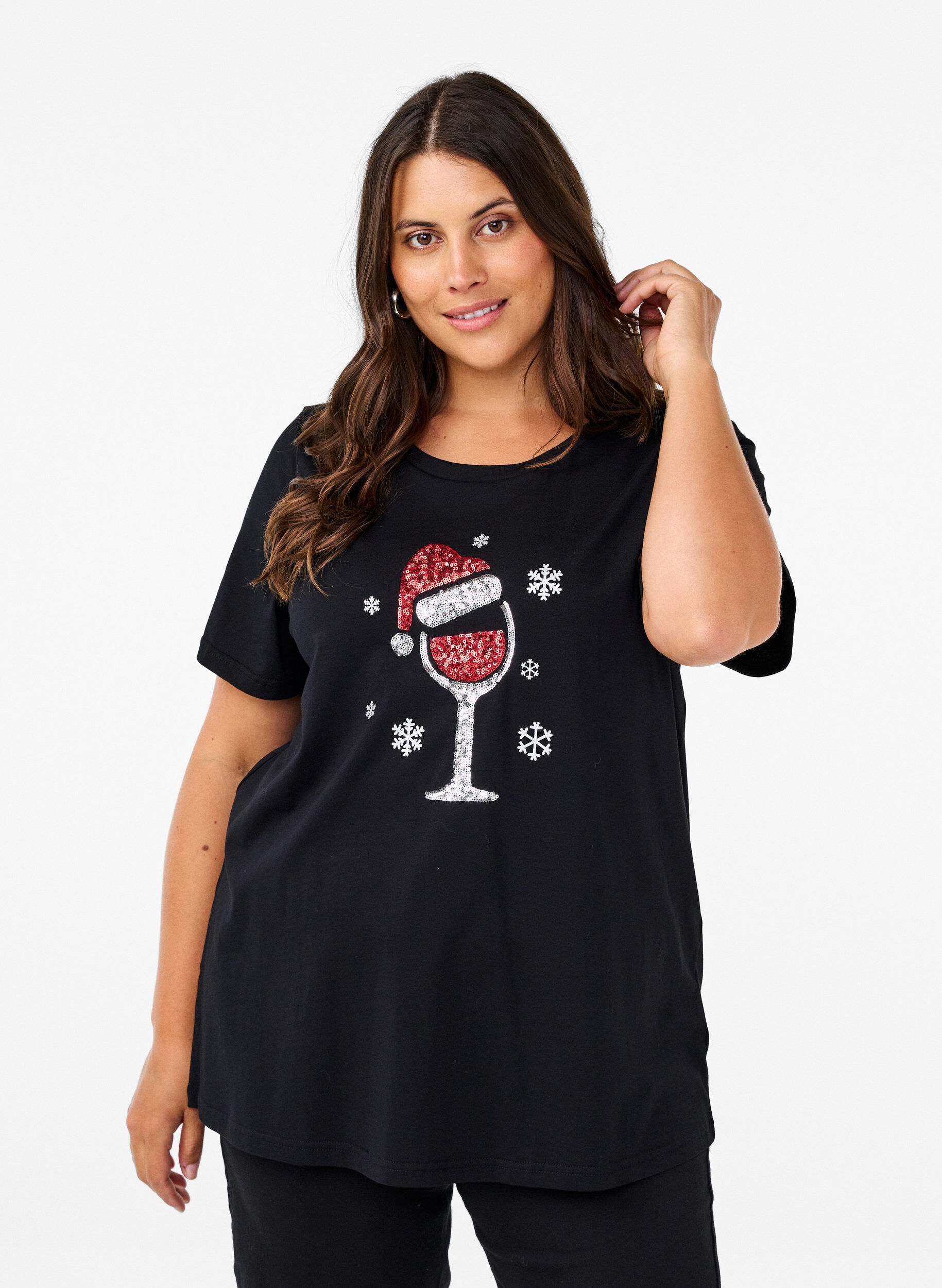 Zizzi Weihnachtliche T-Shirts aus 100% Baumwolle, Black w. Wine, Model image number 0
