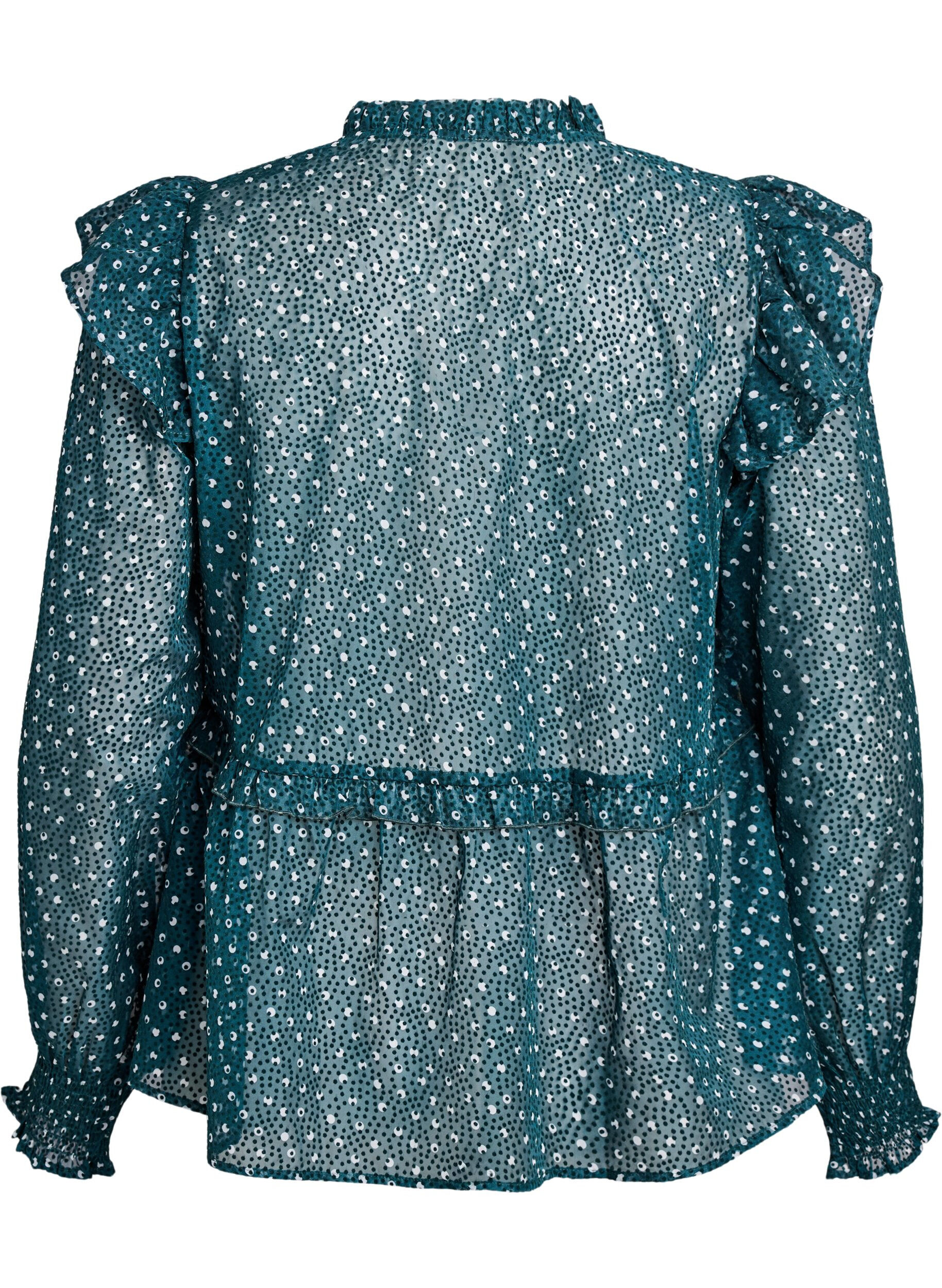Zizzi Bluse aus Chiffon mit R&uuml;schendetails und kleinen Punkten, Gr&uuml;n, Packshot image number 1