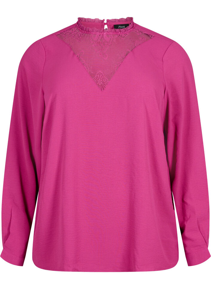 Langärmelige Bluse mit Spitzendetail, Festival Fuchsia, Packshot image number 0