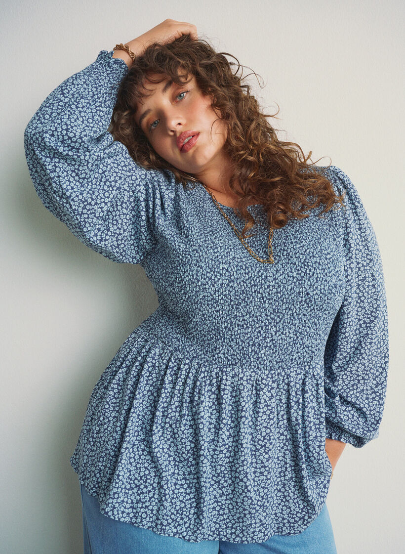 Bluse mit gesmoktem Oberteil und geblümtem Print, Blau, Image image number 0