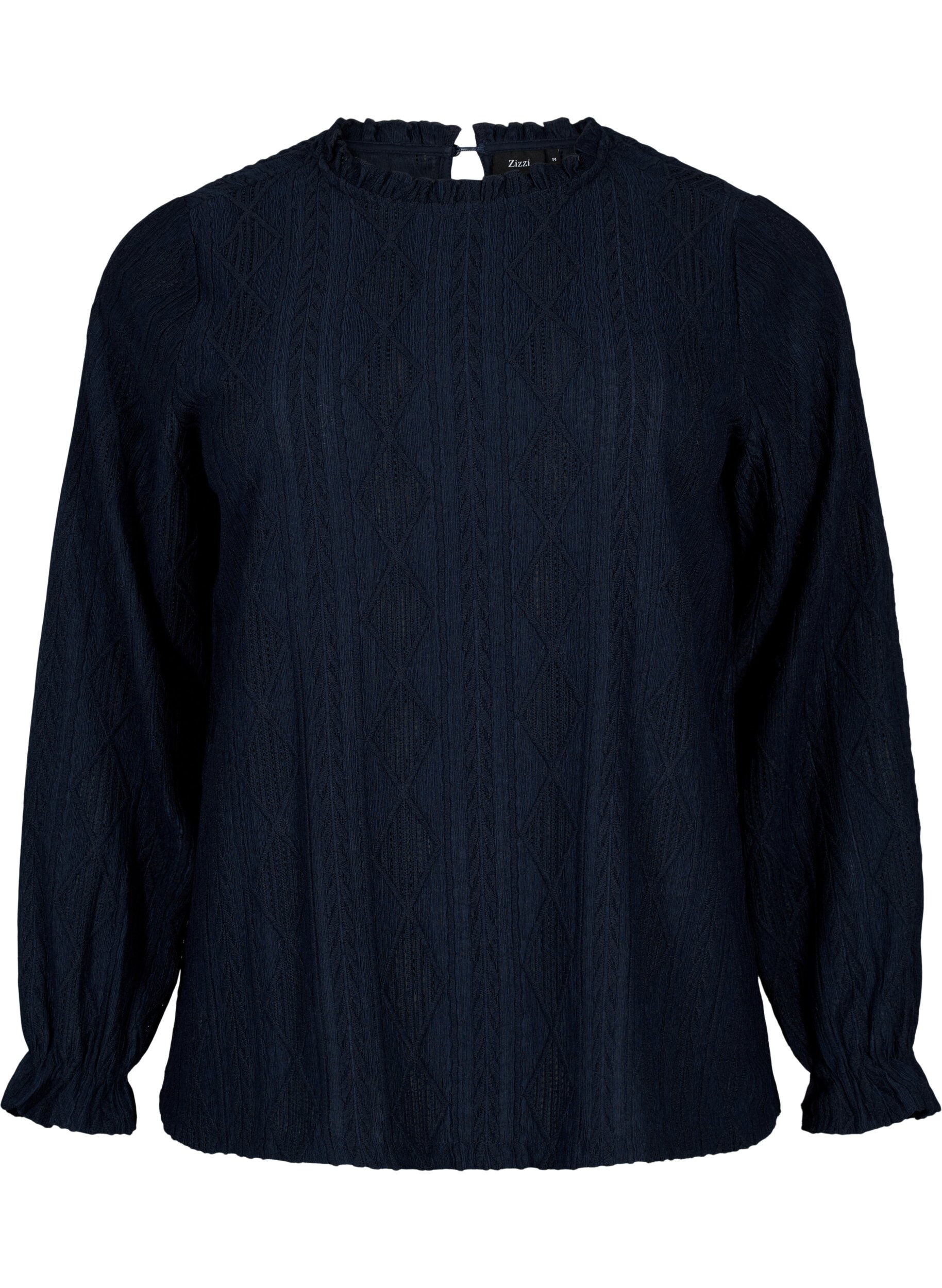 Zizzi Bluse mit R&uuml;schendetails und einem Ton in Ton gehaltenen Muster, Night Sky, Packshot image number 0