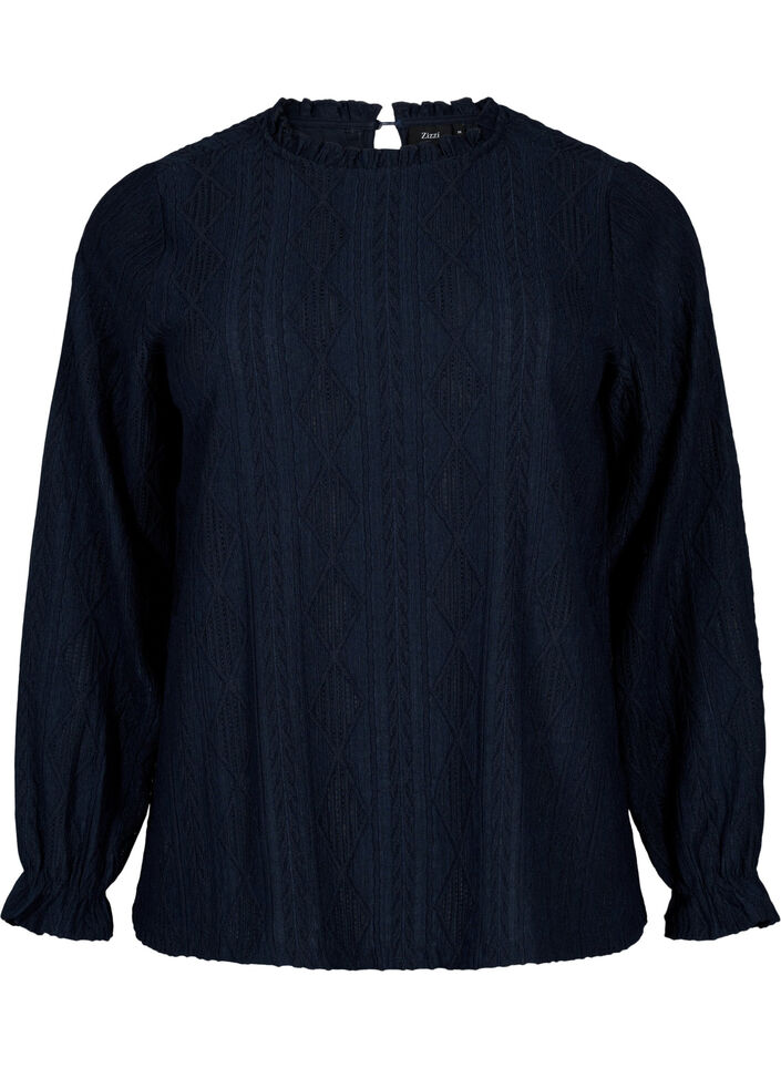 Bluse mit Rüschendetails und einem Ton in Ton gehaltenen Muster, Night Sky, Packshot image number 0