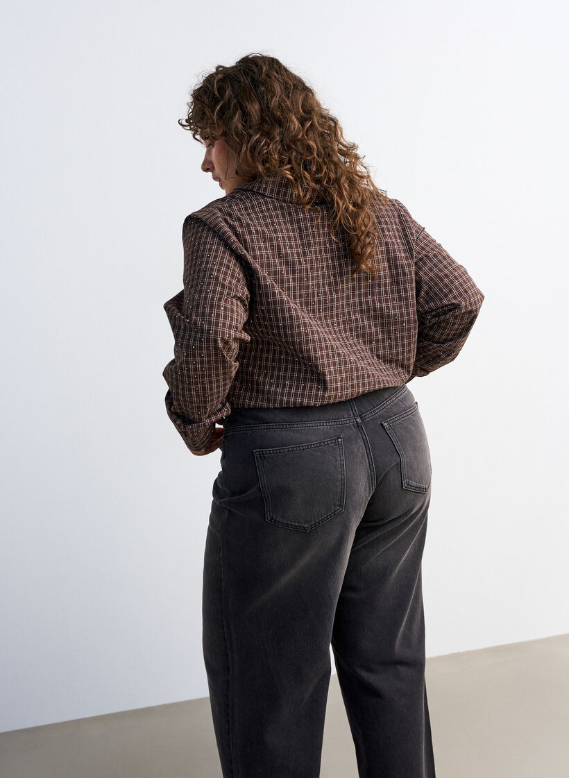Kariertes Hemd mit Strasssteinen, Braun, Model image number 2