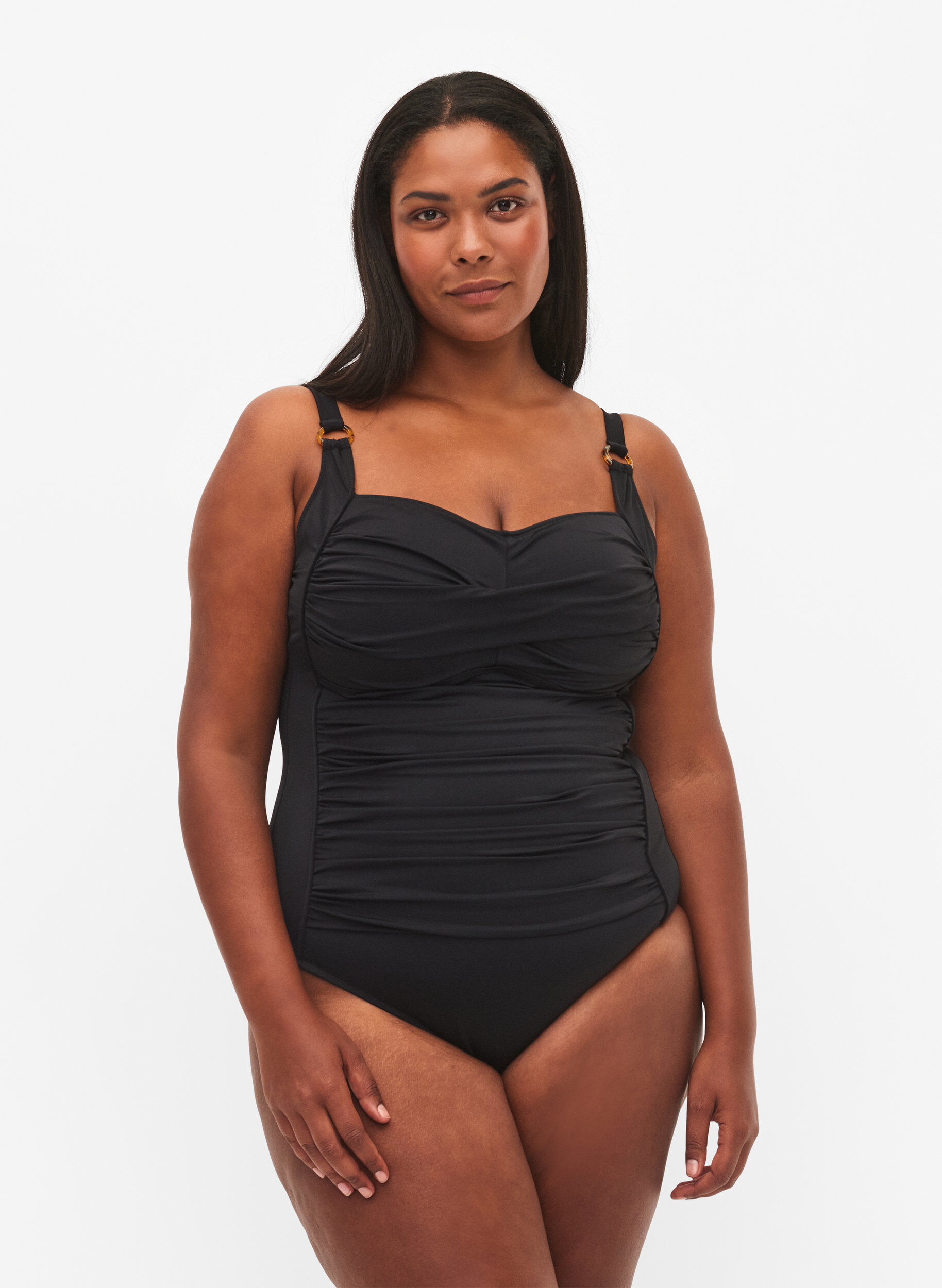 Gepolsterter Badeanzug mit Drapierungen, Schwarz, Model