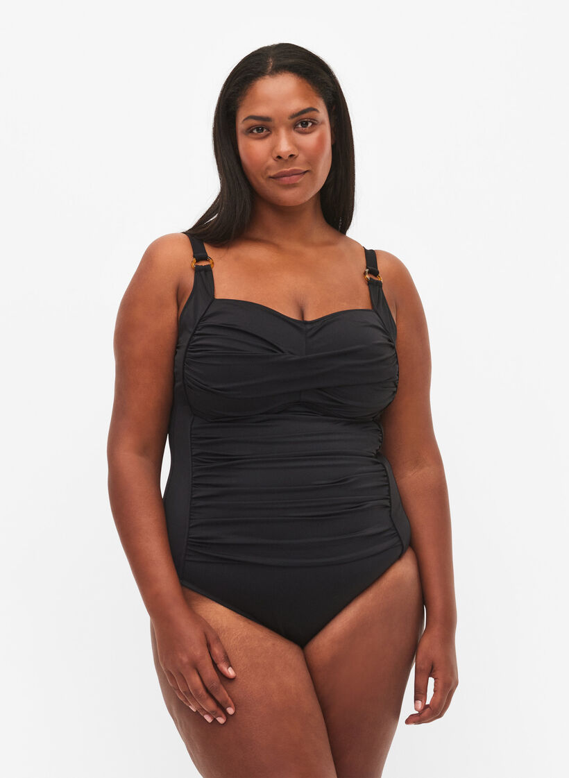 Gepolsterter Badeanzug mit Drapierungen, Schwarz, Model image number 0