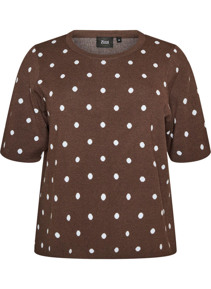 Kurz&auml;rmelige Strickbluse mit Polka Dots, Braun, Packshot image number 0