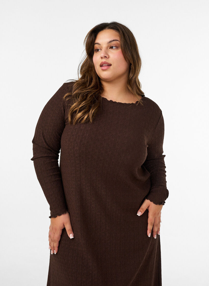 Midi-Kleid mit welliger Struktur und langen &Auml;rmeln, Braun, Model image number 3