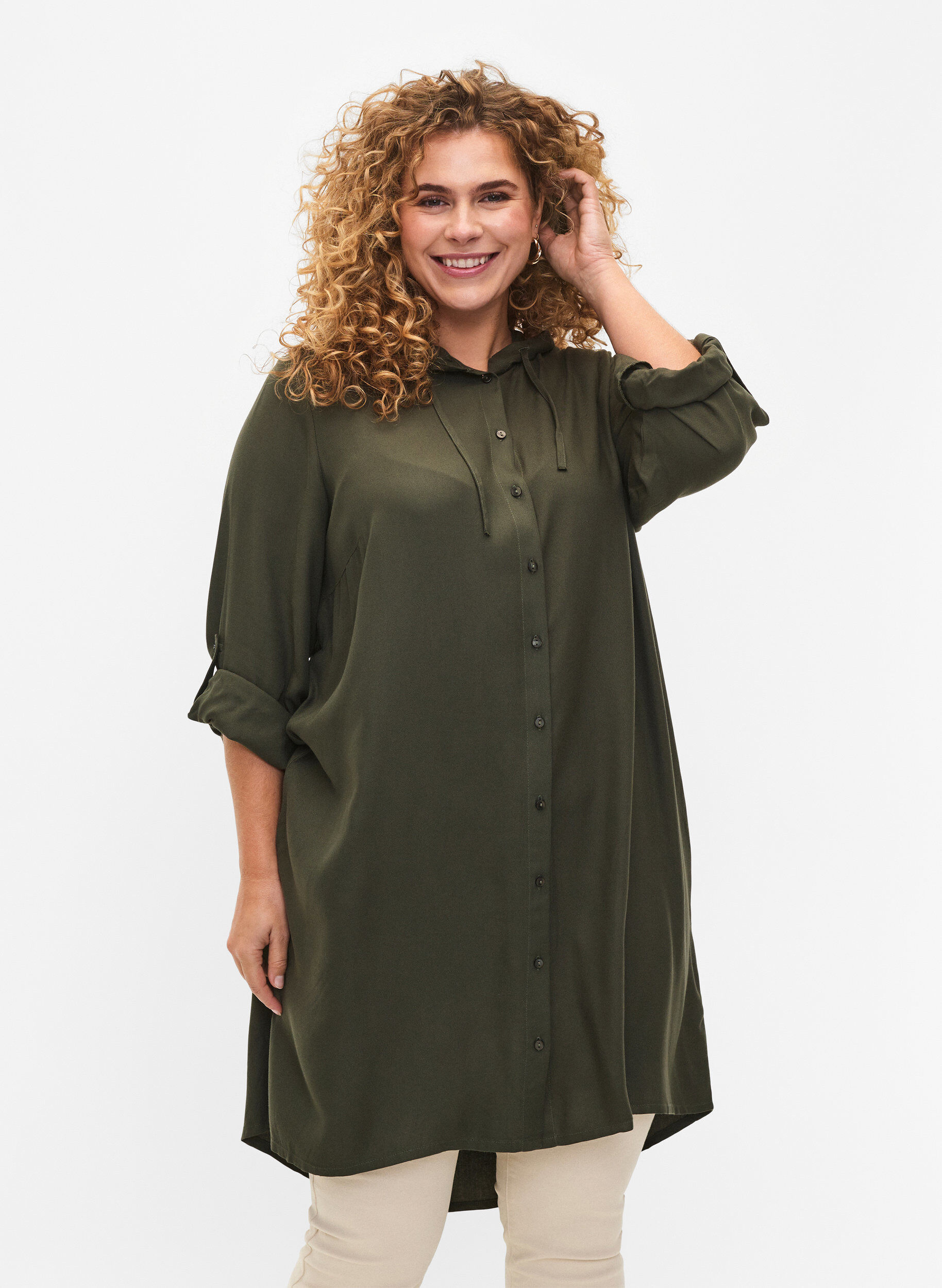 Zizzi Hemdblusenkleid aus Viskose mit Kapuze und 3/4-&Auml;rmeln, Thyme, Model image number 0