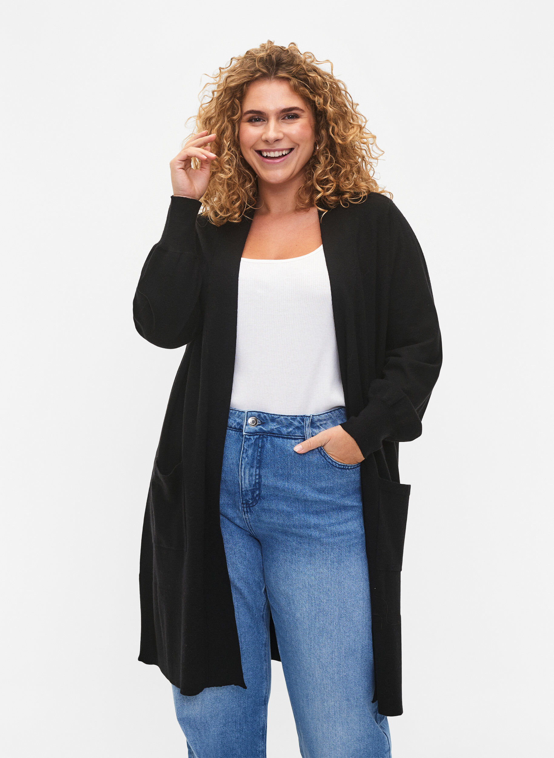 Zizzi Lange Strickjacke mit Taschen, Black, Model image number 0