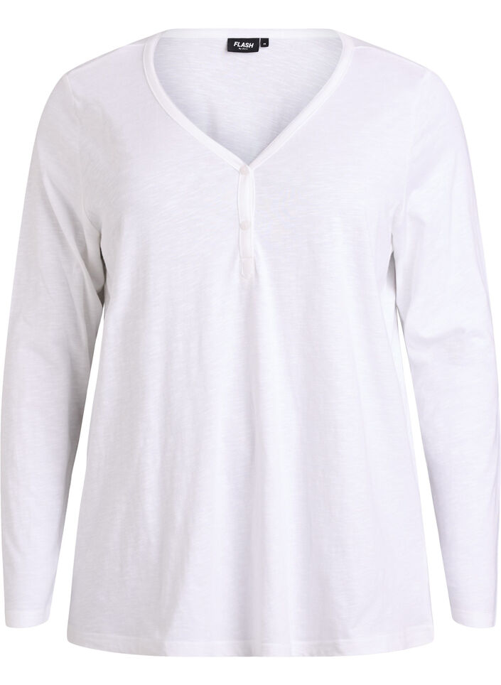 Langarmshirt mit V-Ausschnitt und Kn&ouml;pfen, Wei&szlig;, Packshot image number 0
