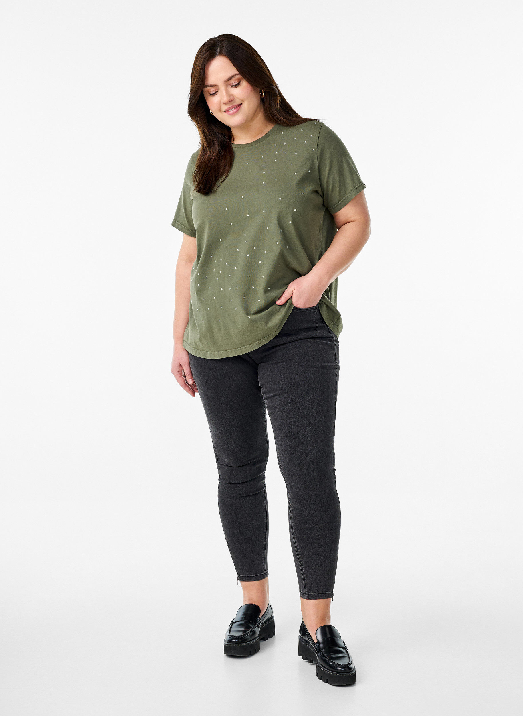 Zizzi T-Shirt aus Bio-Baumwolle mit coolem Print, Gr&uuml;n, Model image number 1