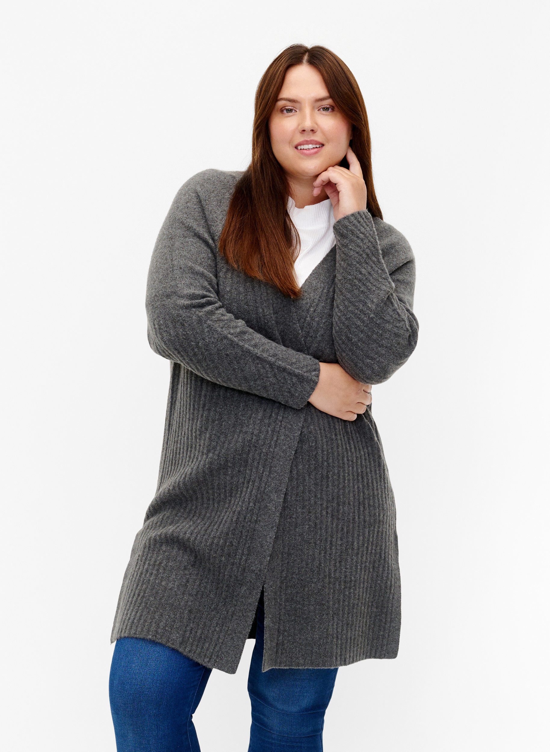 Zizzi Lange Strickjacke aus Rippenstrick, Dark Grey Melange, Model image number 0