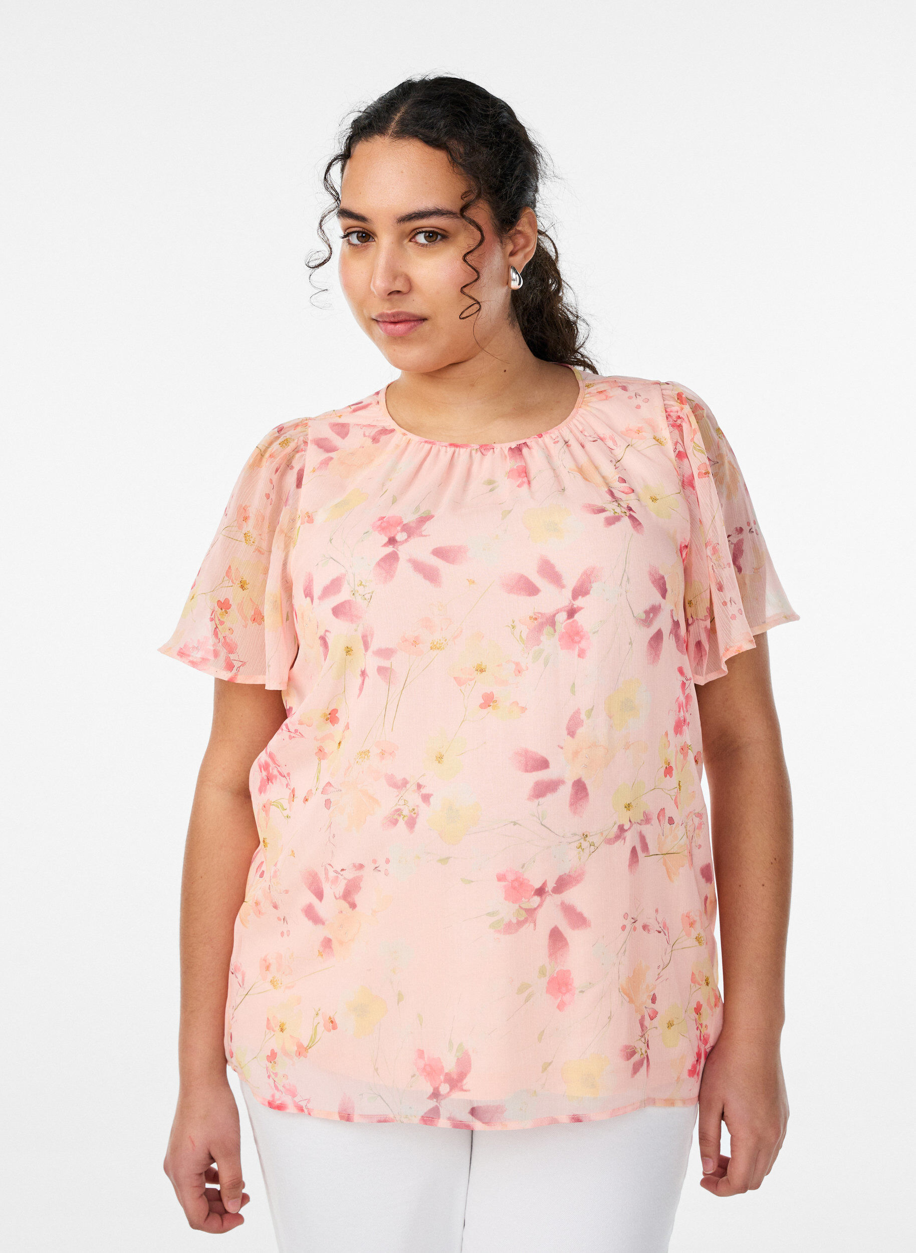 Zizzi Bluse mit Blumenprint und luftigen &Auml;rmeln, Orange, Model image number 0