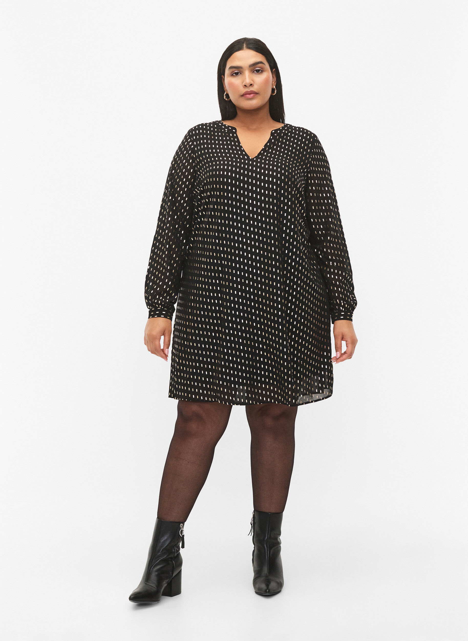 Zizzi Lang&auml;rmeliges Kleid mit Foliendruck, Black w. Gold, Model image number 2