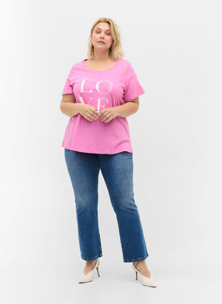 Kurzärmeliges Baumwoll-T-Shirt mit Aufdruck, Cyclamen LOVE, Model image number 2