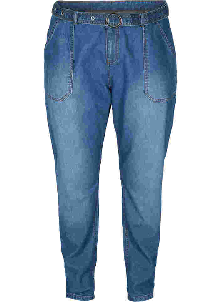 Hochtaillierte Jeans mit Gürtel, Blue denim, Packshot image number 0