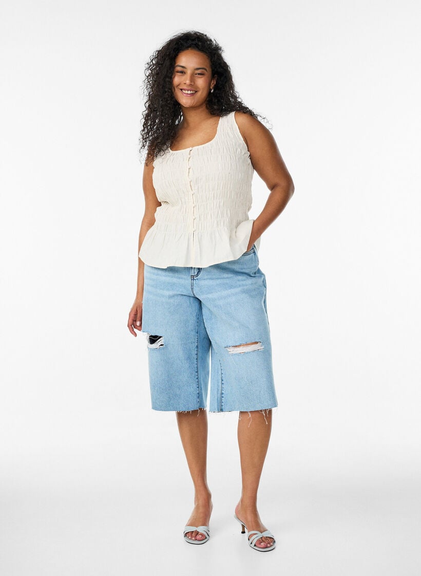 &Auml;rmelloses Top aus Baumwolle und Leinen mit Smock, Vanille, Model image number 1