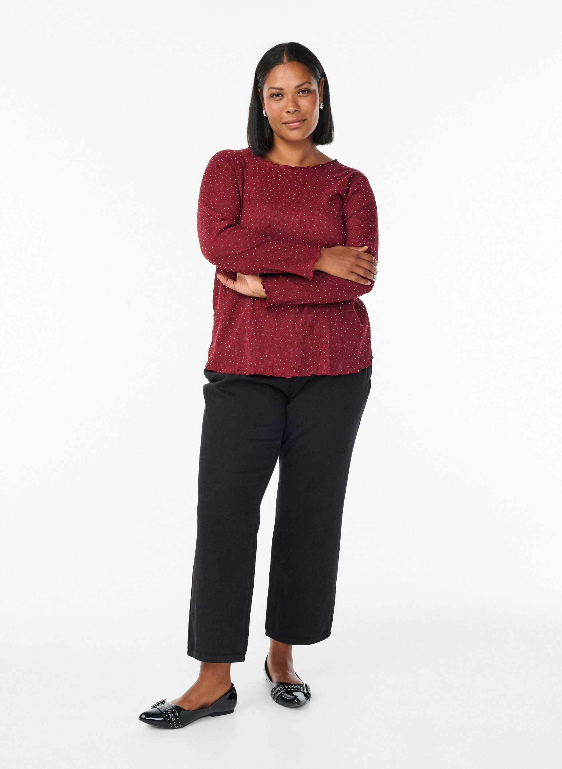 Zizzi Lang&auml;rmelige Bluse mit Strasssteinen, Dunkles Bordeaux, Model image number 1