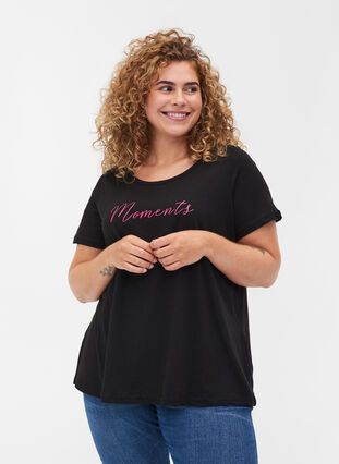 T-Shirt aus Baumwolle mit A-Linie und Aufdruck, Black, Model image number 0