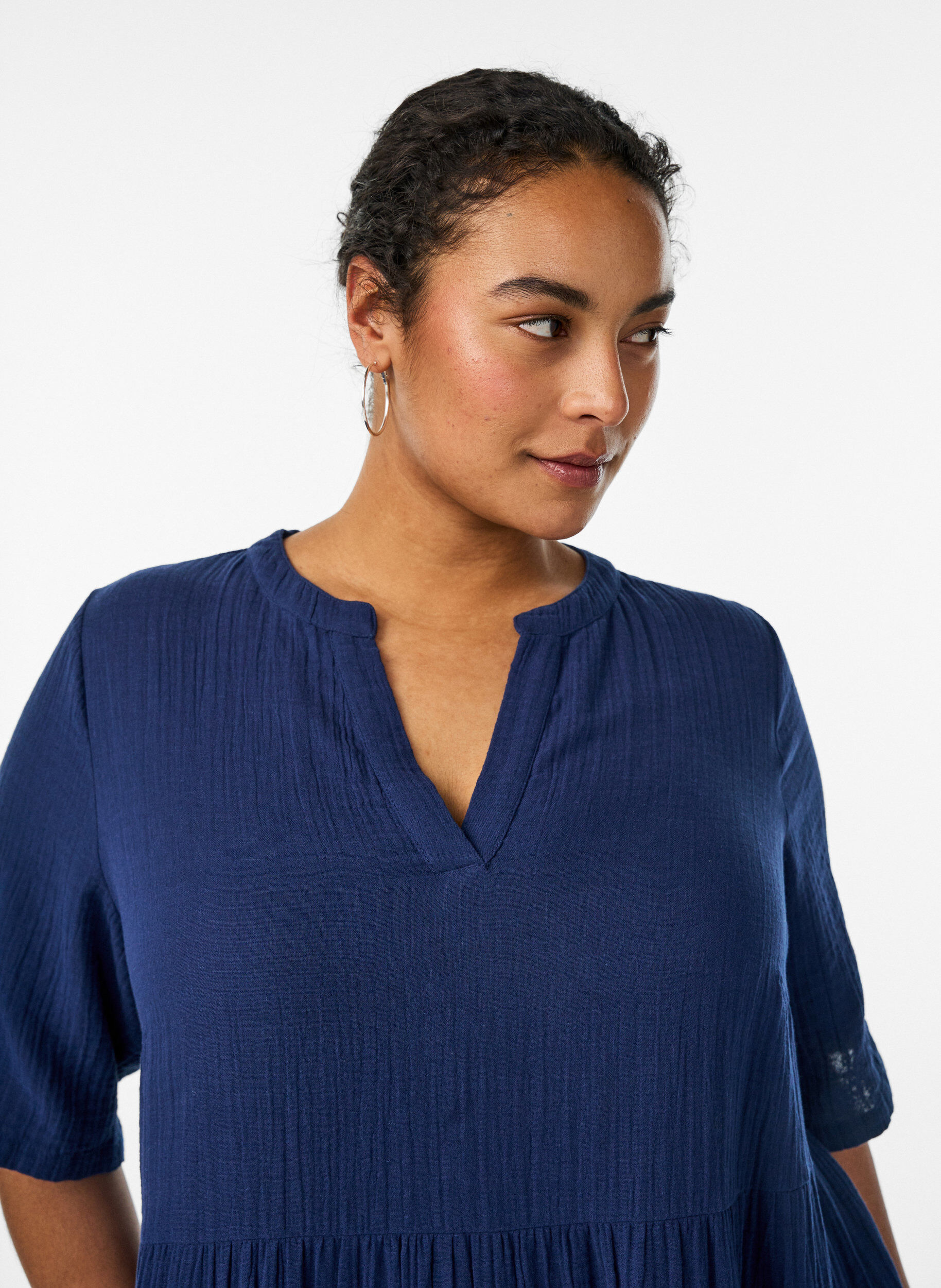 Zizzi Midikleid in A-Linie aus Baumwoll-Musselin, Blau, Model image number 2