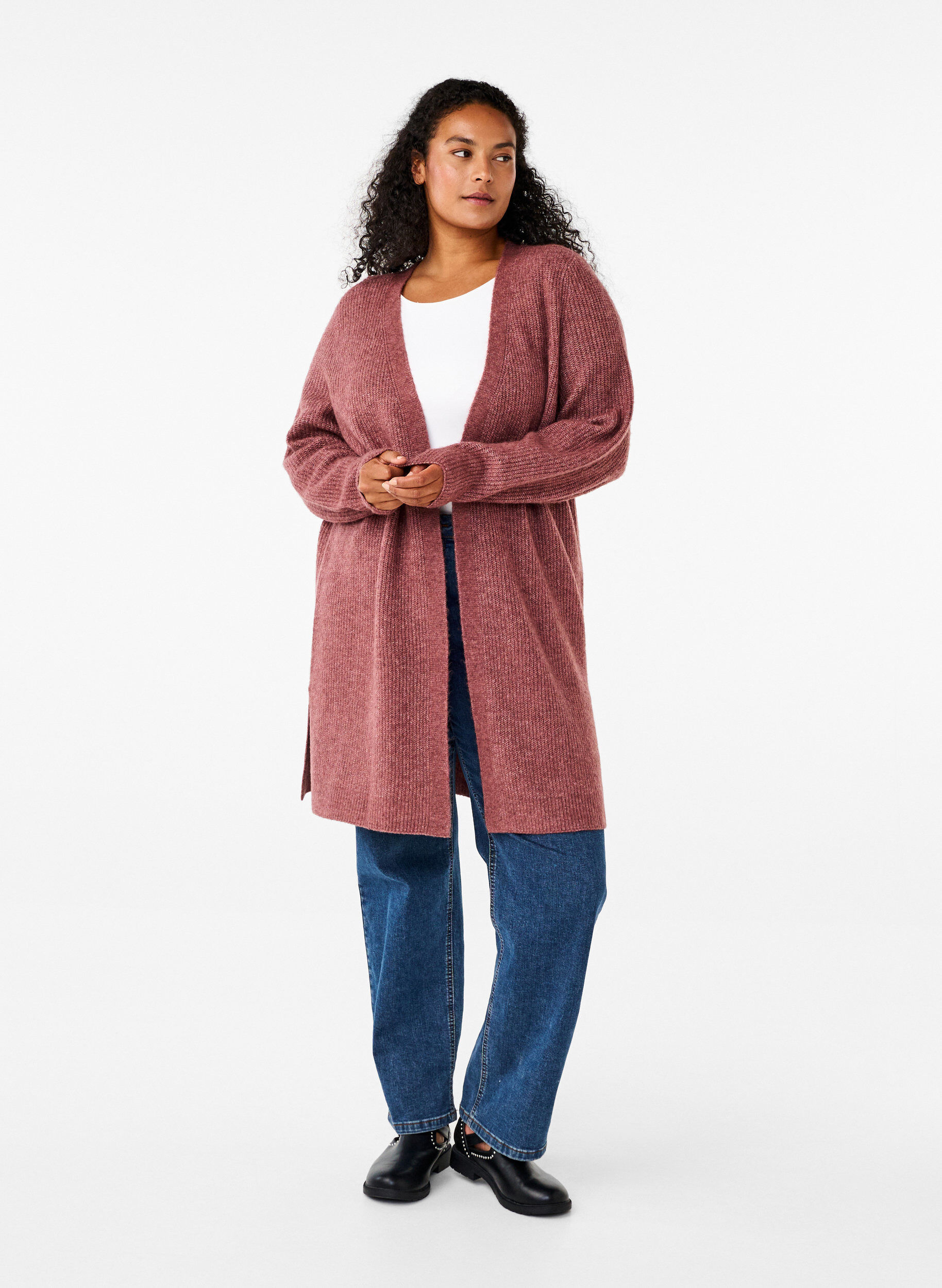 Zizzi FLASH - Gerippter Cardigan mit Schlitzen, Rose Brown Melange, Model image number 2