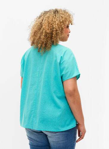 Kurzärmelige Bluse aus Baumwollmischung mit Leinen, Turquoise, Model image number 1