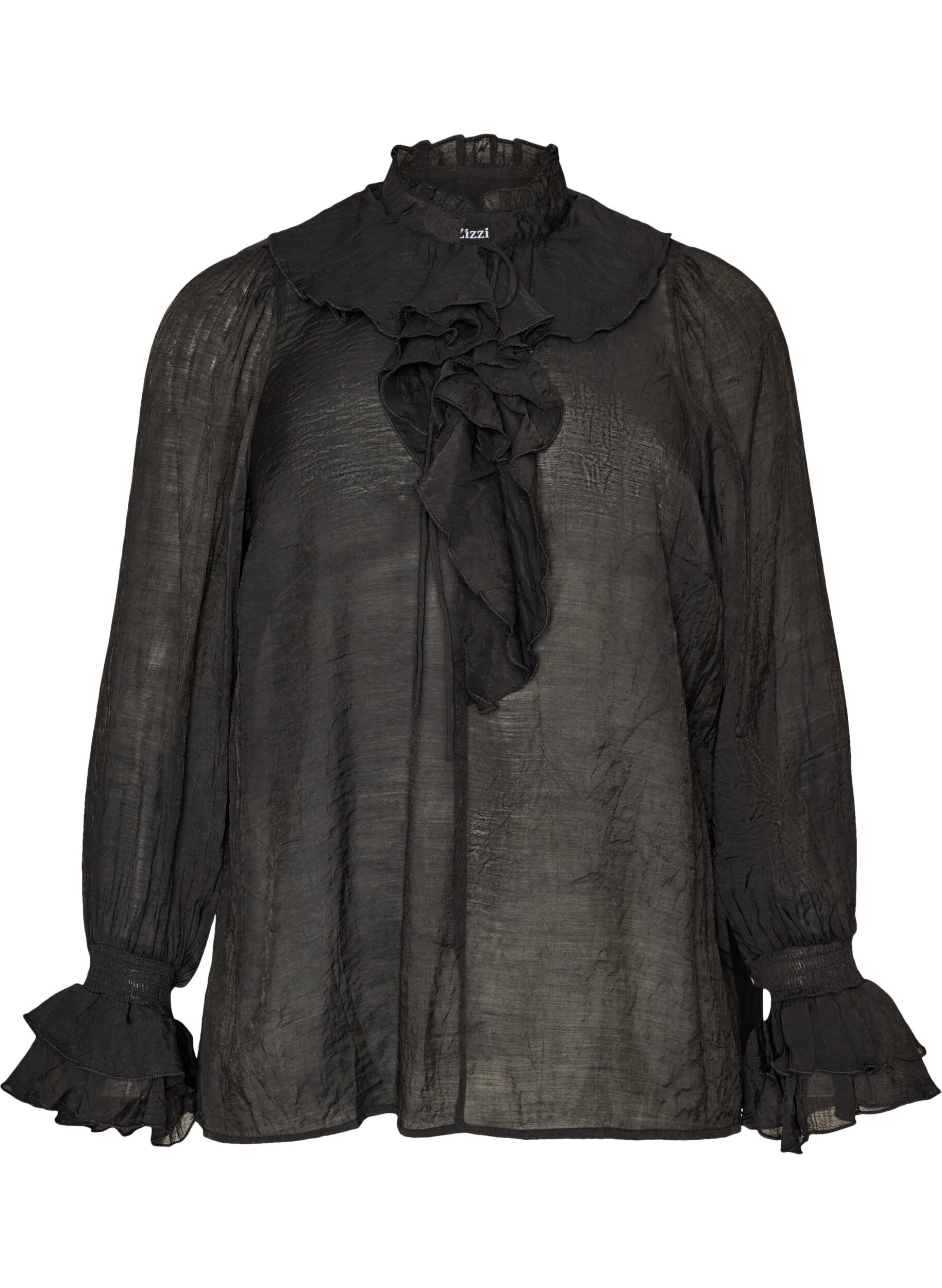 ZizziViskosebluse mit R&uuml;schen und langen &Auml;rmeln, Schwarz, Packshot image number 0