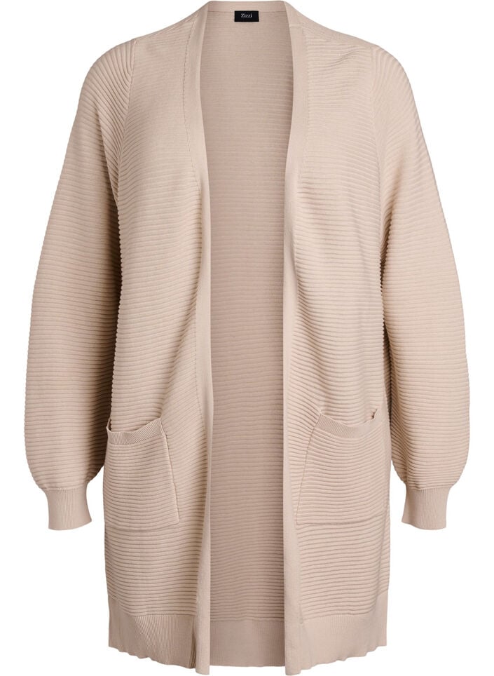 Lange, gerippte Baumwoll-Strickjacke, Beige, Packshot image number 0