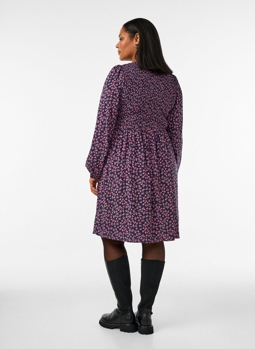 Kleid mit gesmoktem Oberteil und kleingebl&uuml;mtem Muster, Blau, Model image number 2