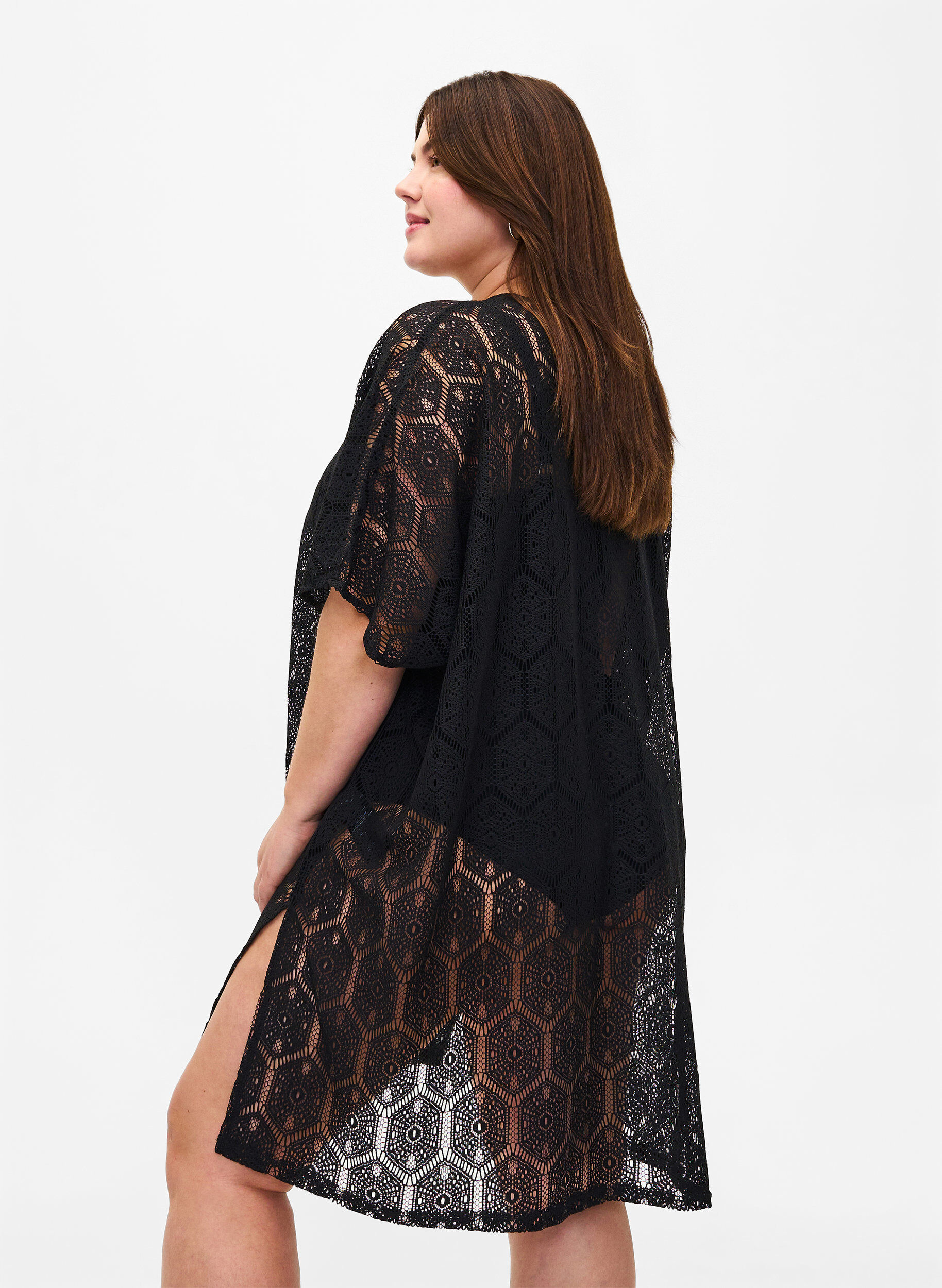 Zizzi Kaftan-Strandkleid mit Lochmuster, Black, Model image number 1