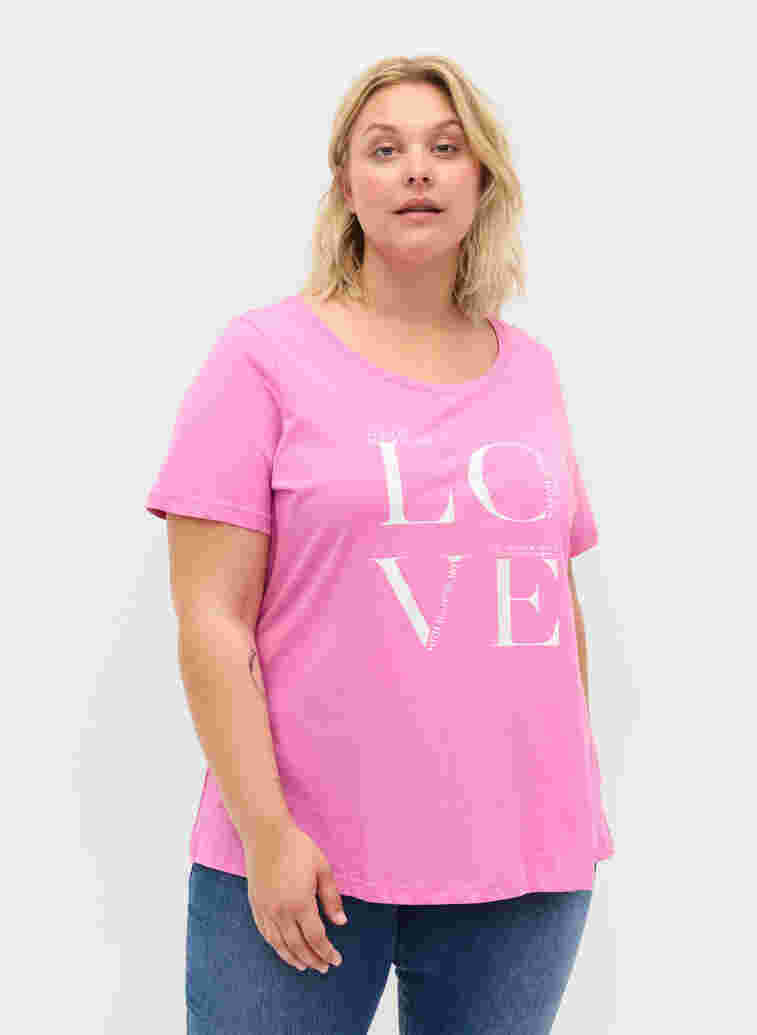 Kurzärmeliges Baumwoll-T-Shirt mit Aufdruck, Cyclamen LOVE, Model image number 0