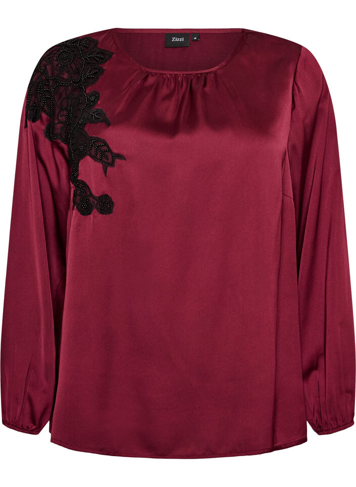 Satinbluse mit Spitzenapplikation und Perlen, Rot, Packshot image number 0