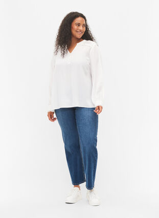 Langärmelige Bluse mit V-Ausschnitt , Bright White, Model image number 2