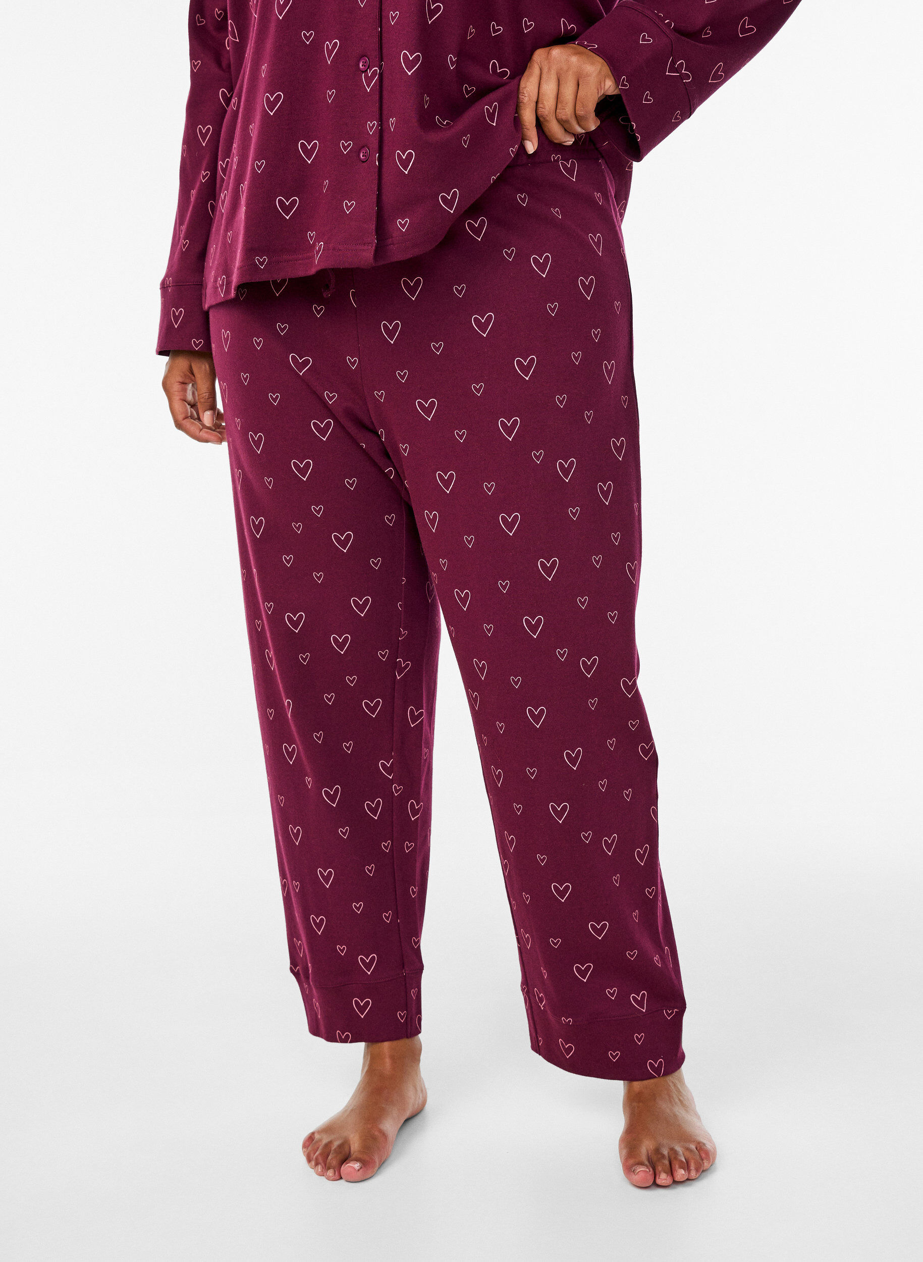 Zizzi Baumwoll-Pyjamahose mit hohem Bund, Dunkles Bordeaux, Model image number 2