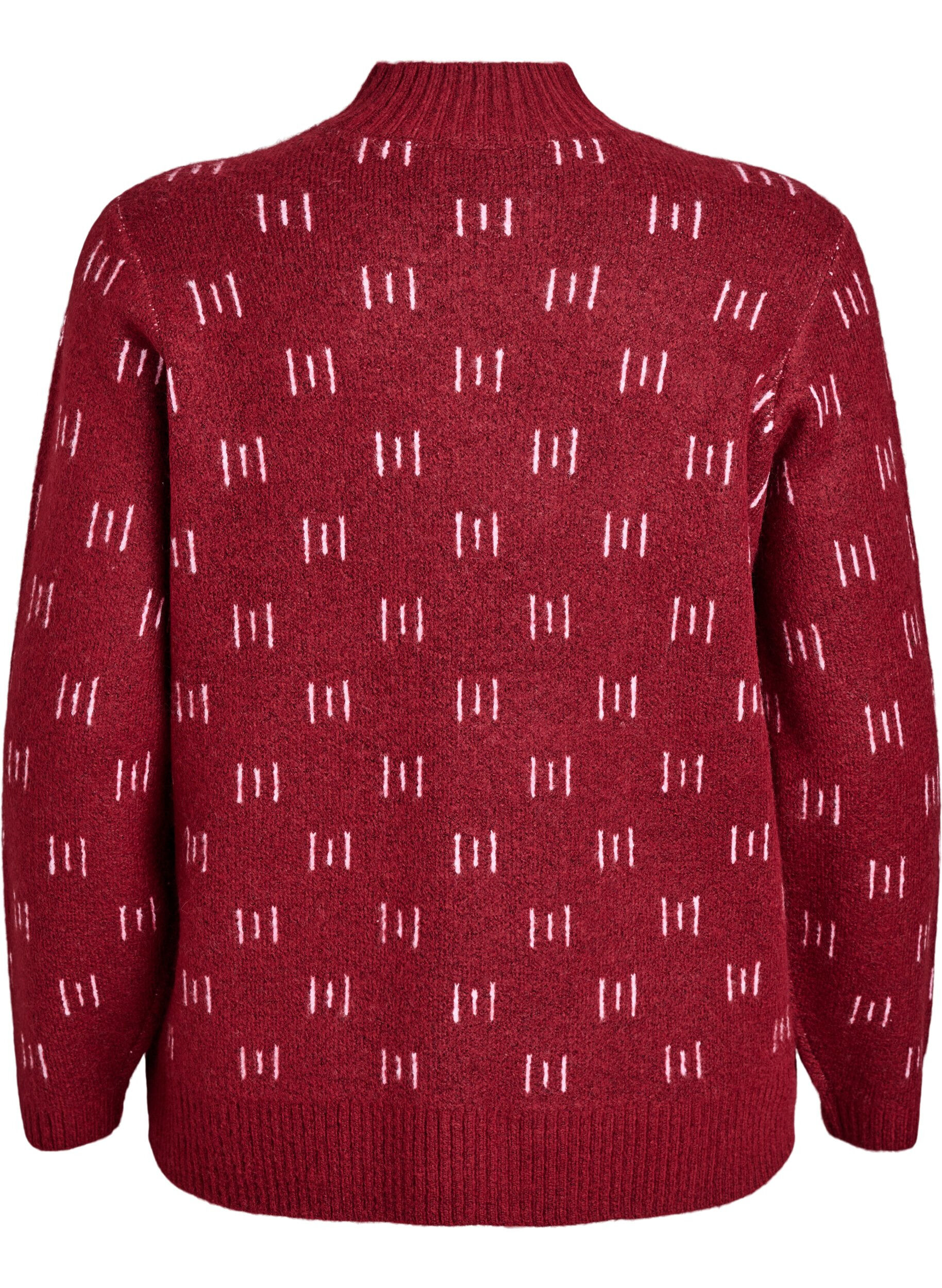 Zizzi Gemustertes Stricktop mit hohem Kragen, Dunkles Bordeaux, Packshot image number 1
