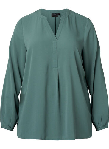 Unifarbene Bluse mit V-Ausschnitt, Mallard Green, Packshot image number 0