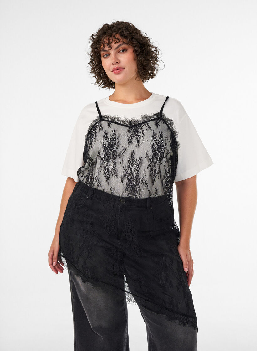 Spitzenkleid mit asymmetrischem Schnitt, Schwarz, Model image number 0