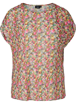 Kurzarm Bluse mit Blumenprint, Pink Flower AOP, Packshot image number 0