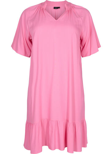 Kurzärmeliges Viskosekleid mit V-Ausschnitt, Aurora Pink, Packshot image number 0