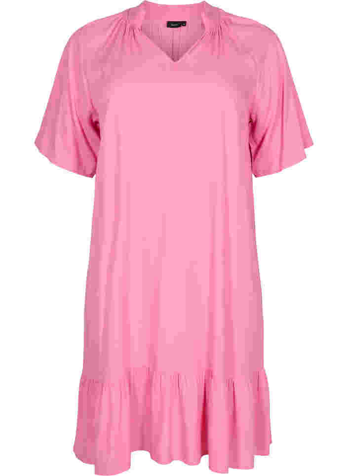 Kurzärmeliges Viskosekleid mit V-Ausschnitt, Aurora Pink, Packshot image number 0